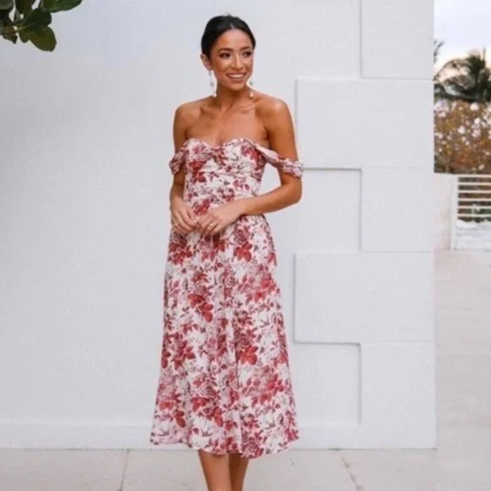 Reformation off-the-shoulder Violet Dress in red and white print.